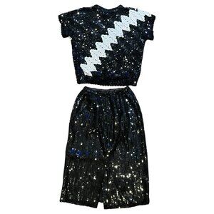 Vintage Lillie Rubin Black & White Lightning Bolt Sequin Top & Skirt Small